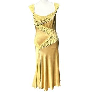 RARE CARMEN MARC VALVO SILK RUFFLED GOLD DRESS